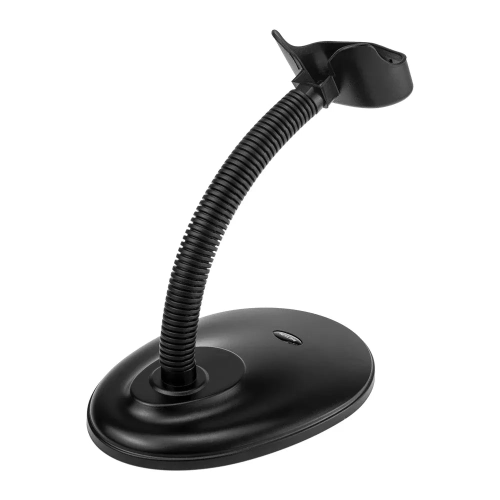Adjustable barcode scanner stand with black base, vertical neck, and top cradle