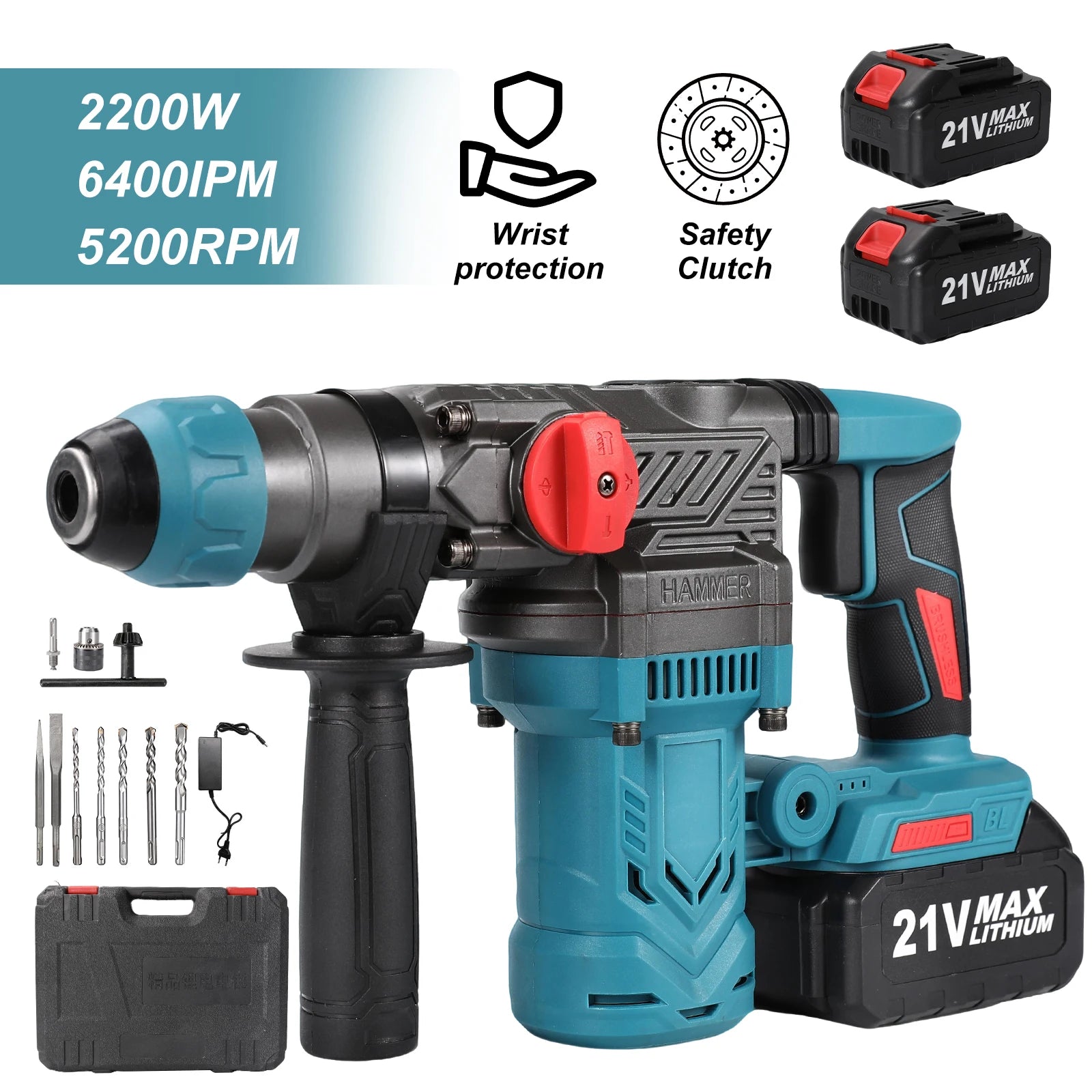 Brushless Electric Hammer Drill Multi-function Rotating Power Screwdriver 26MM Wireless Hammer Drill Tool Compatible with Makita 21V Battery