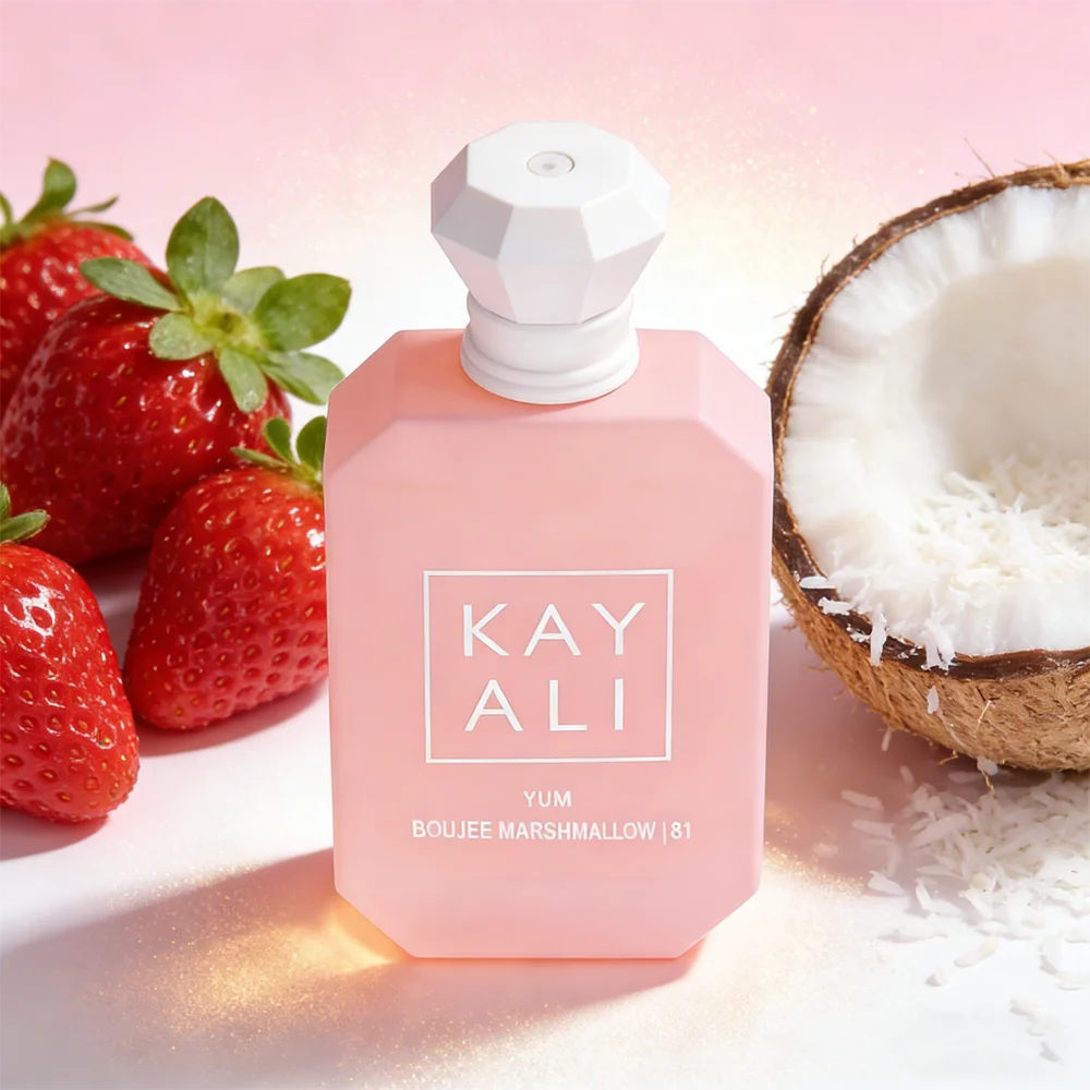 KAYALI Yum Boujee Marshmallow 81 EDP: Pink bottle with strawberry, coconut, vanilla, and amber gourmand notes for women.