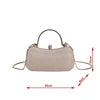Beige PU leather evening clutch with crystal top handle, rhinestone embellishment, and detachable shoulder chain.