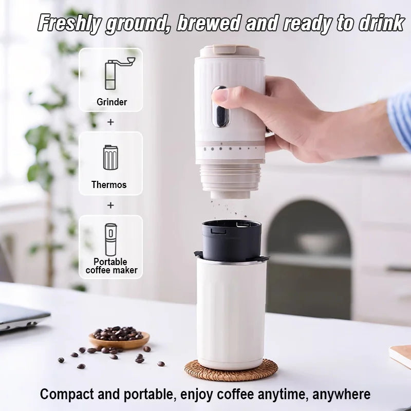 White 3-in-1 portable coffee maker with integrated grinder and thermos for brewing fresh coffee on the go.