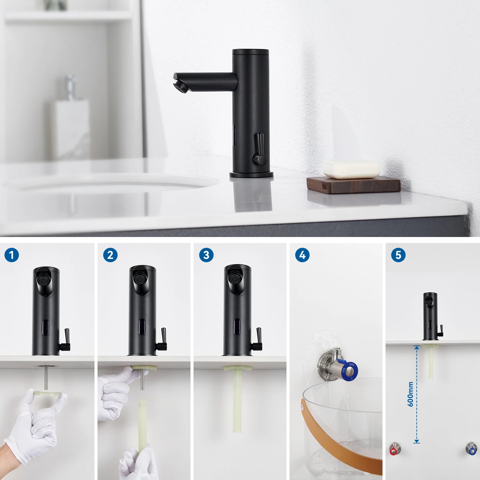 Sensor Basin Faucet Matte Black, Touchless Bathroom Sink Tap, Automatic Infrared Washbasin Mixer, Solid Brass, Battery Operated, with Check Valve, 50cm Hose, Modern Design, G3/8 Standard