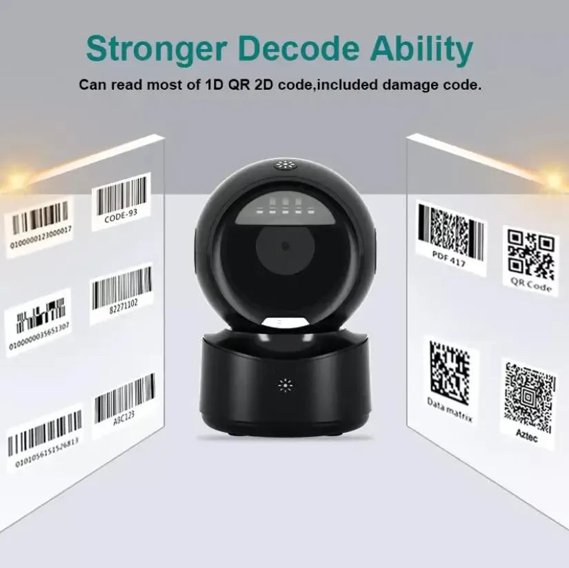 Black omnidirectional 2D QR barcode scanner with scanning window and indicator lights