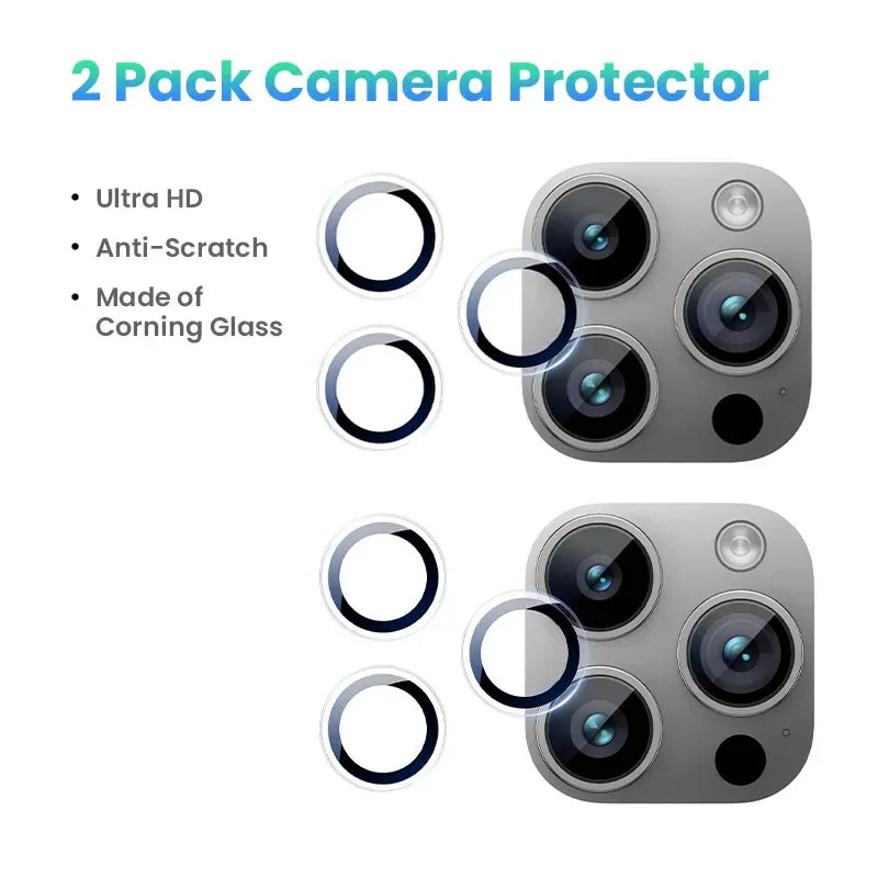 Two-pack of round, clear glass camera lens protectors for smartphone camera modules to prevent scratches.