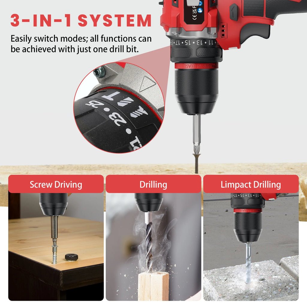 80N.M Brushless Drill 2 Batteries Torque Adjustment 16.8V Impact Drill 3 in 1 Screwdriver 1600Rpm Electric Drill Power Tool