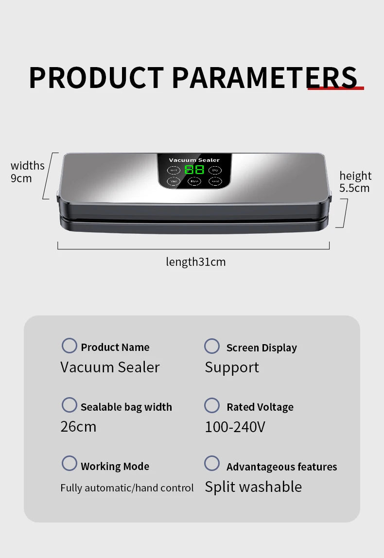 Electric Vacuum Sealer 65KPA Strong Vacuum Food Storage Seal Built-in Cutter 30CM Kitchen Food Sealing Vacuum Packaging Machine