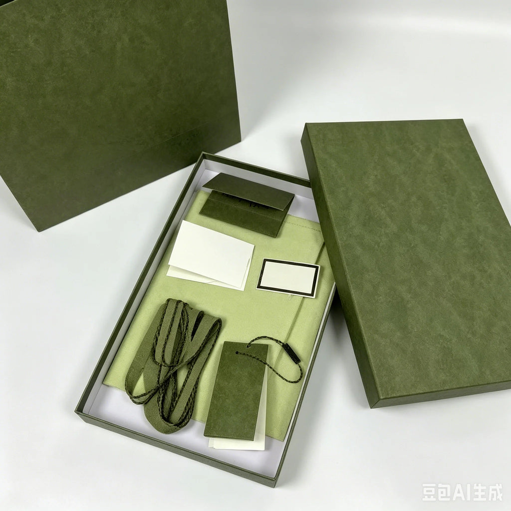 Olive green luxury trunk gift box packaging for designer leather crossbody handbags with matching strap and tags.