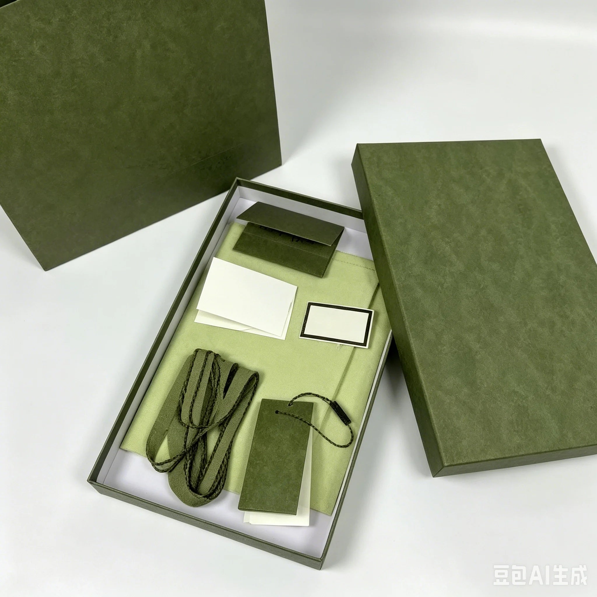 Olive green luxury trunk gift box packaging for designer leather crossbody handbags with matching strap and tags.