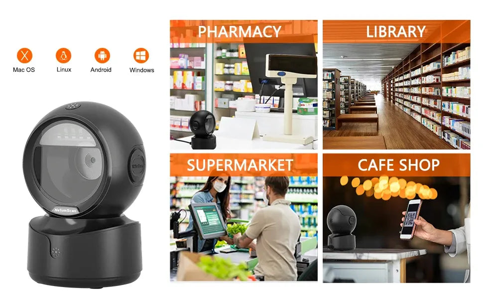 Black desktop 2D QR barcode scanner with cradle base shown on retail use panel