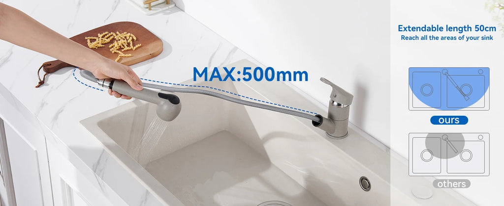 Kitchen Tap Grey, Pipe Shape Pull Out Kitchen Faucet 180 Swivel, 2 Modes Spray Hot Cold Water Mixer, Brass Body Drink Water Sink Mixer, Easy Install PEX Hose, Standard G3/8 Modern Home Laundry Deck Mounted Water Tap