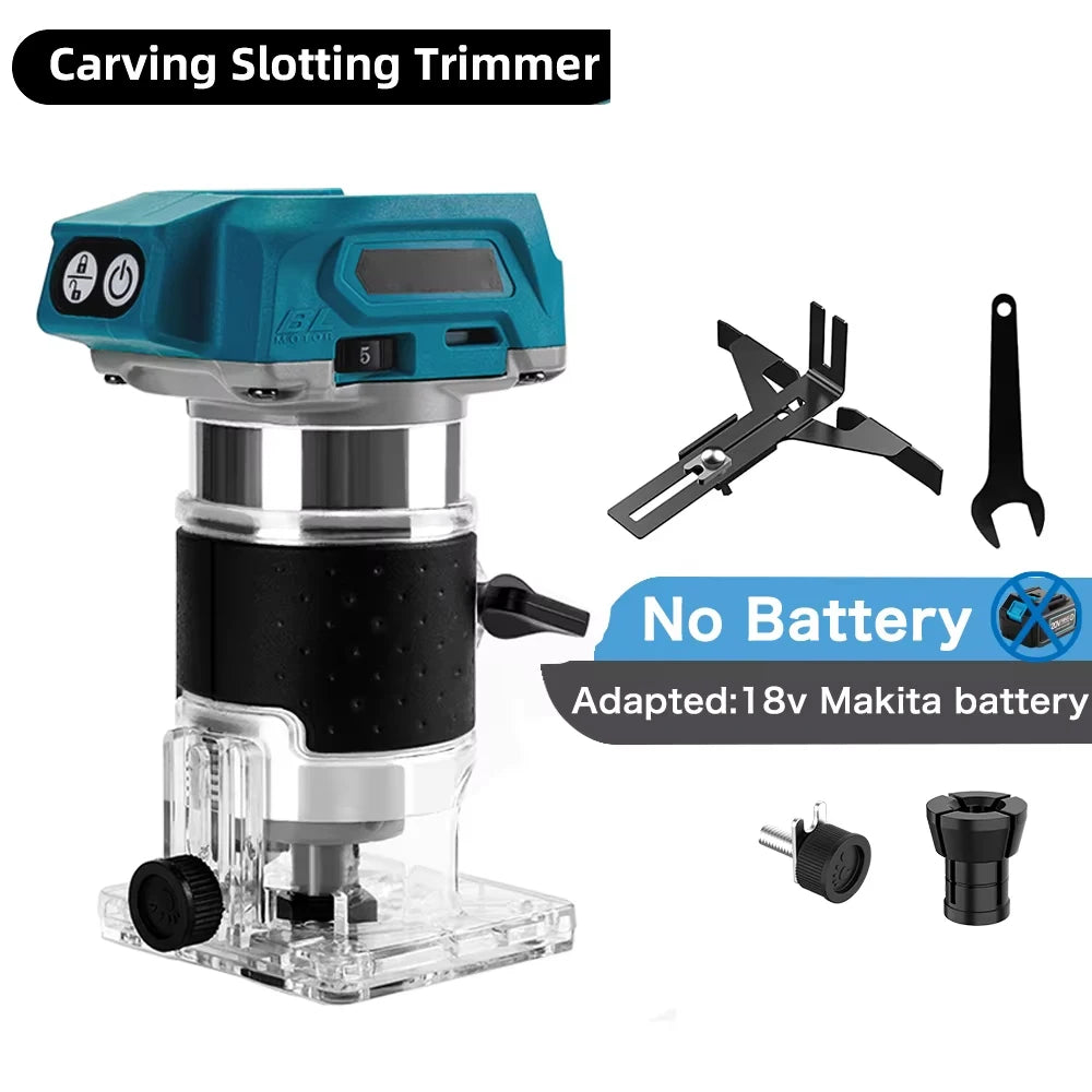 Teal carving trimmer with clear base, accessory blades, and no battery