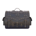 Large black leather trunk with vintage brass studs, buckle straps, and side pockets for travel and fitness luggage.