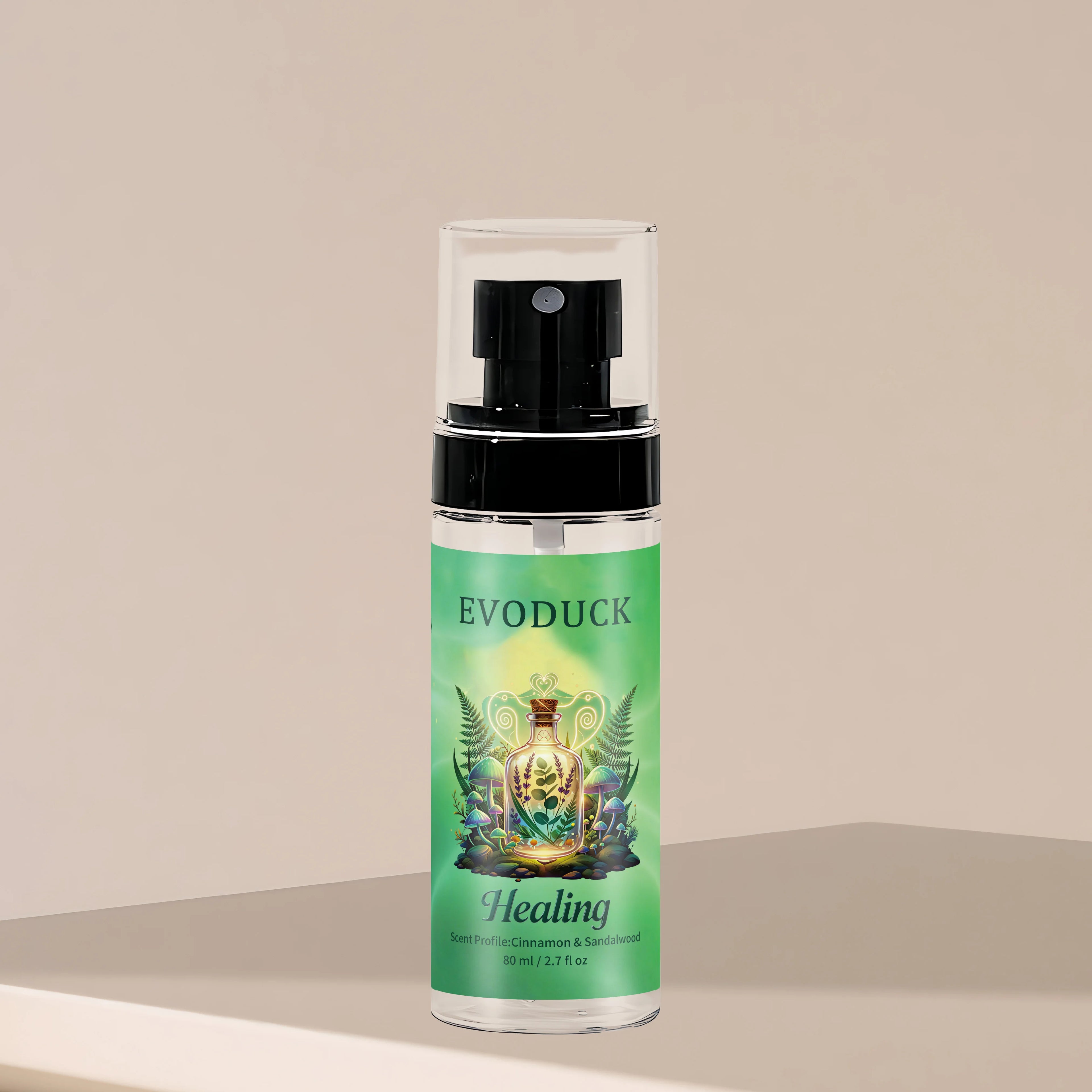Evoduck Healing cinnamon and sandalwood spray in an 80ml clear plastic pump bottle with green botanical label.