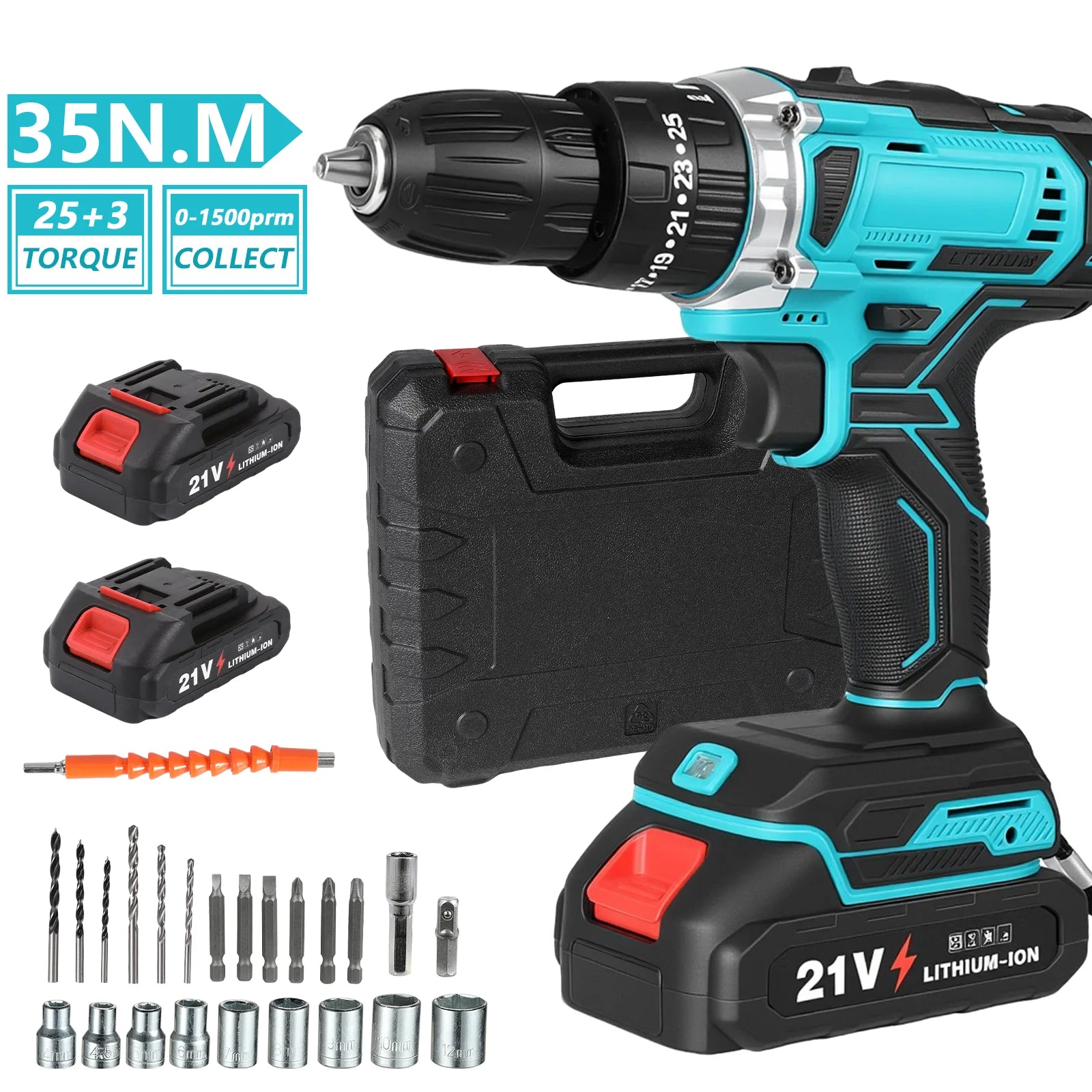 21V Cordless Drill Driver Set 29PCS 35Nm Electric Drill 3/8 Inch Keyless Chuck 25+3 Clutch Variable Speed With 2pcs Batteries