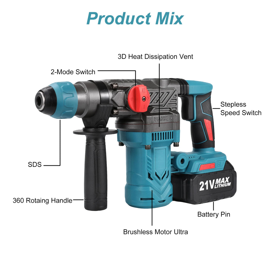 Brushless Electric Hammer Drill Multi-function Rotating Power Screwdriver 26MM Wireless Hammer Drill Tool Compatible with Makita 21V Battery