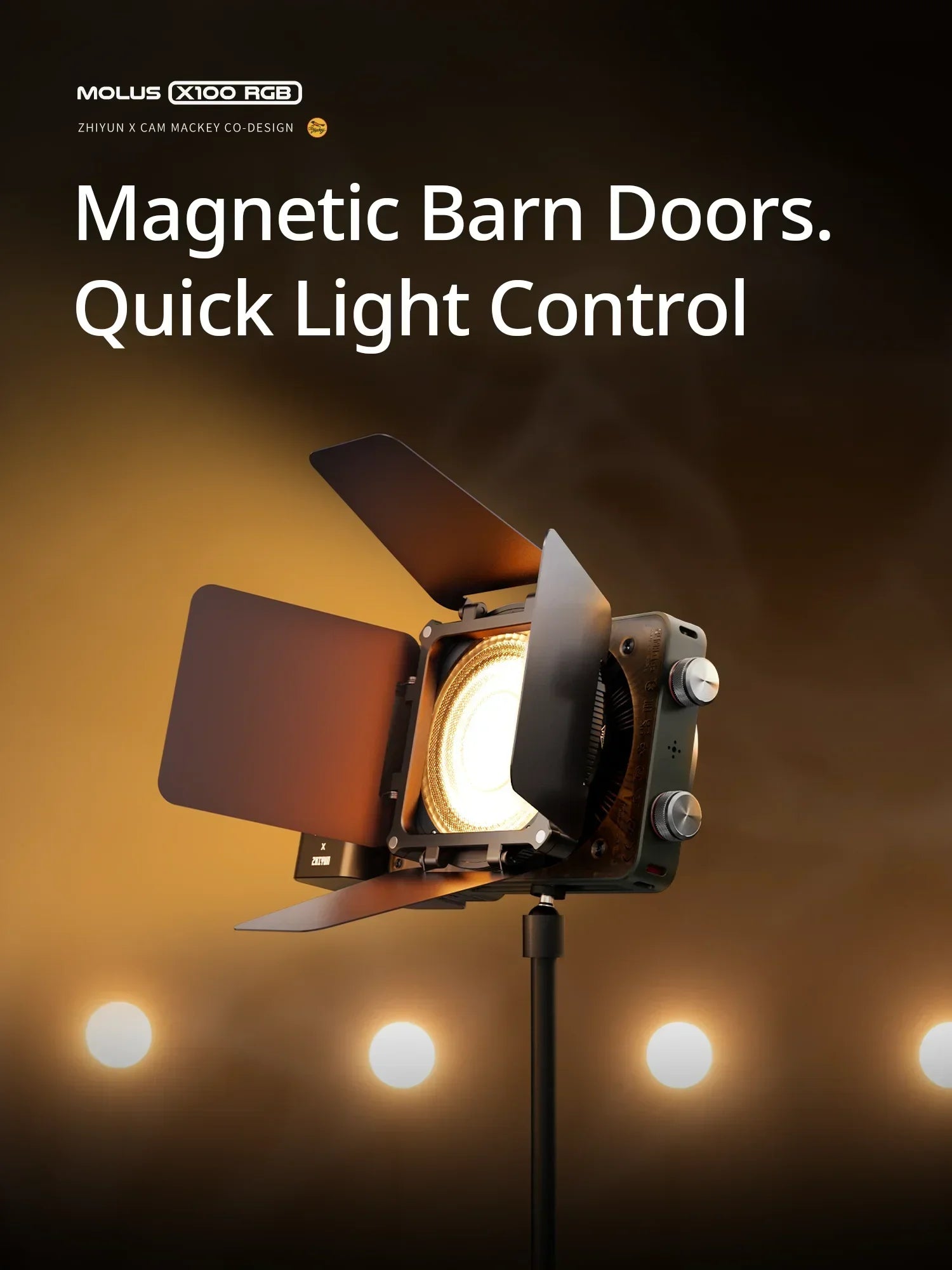 Black magnetic barn doors attached to a compact LED video light, used for shaping and controlling light output.