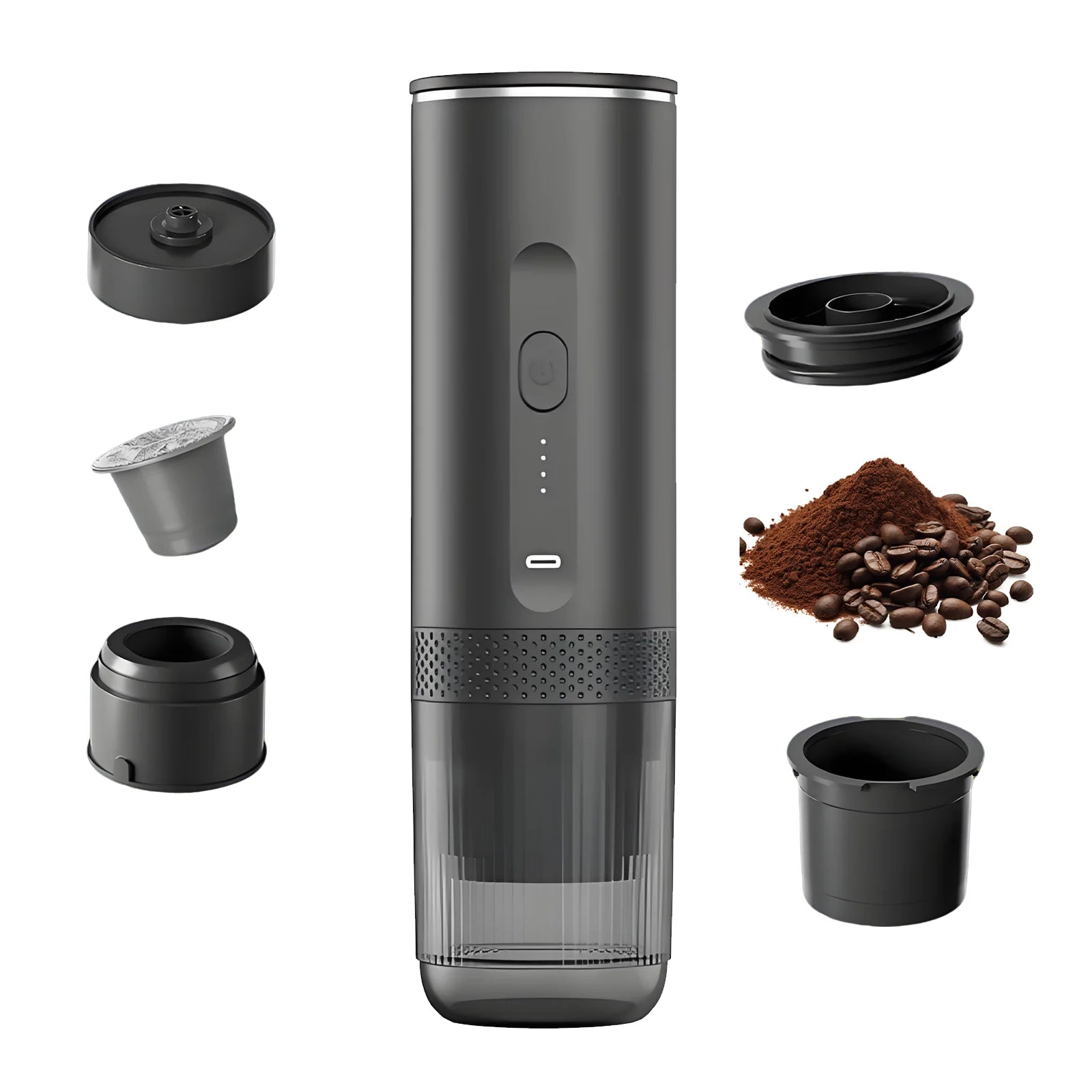 Portable black electric espresso maker with capsule adapter and ground coffee filter accessories on white background.