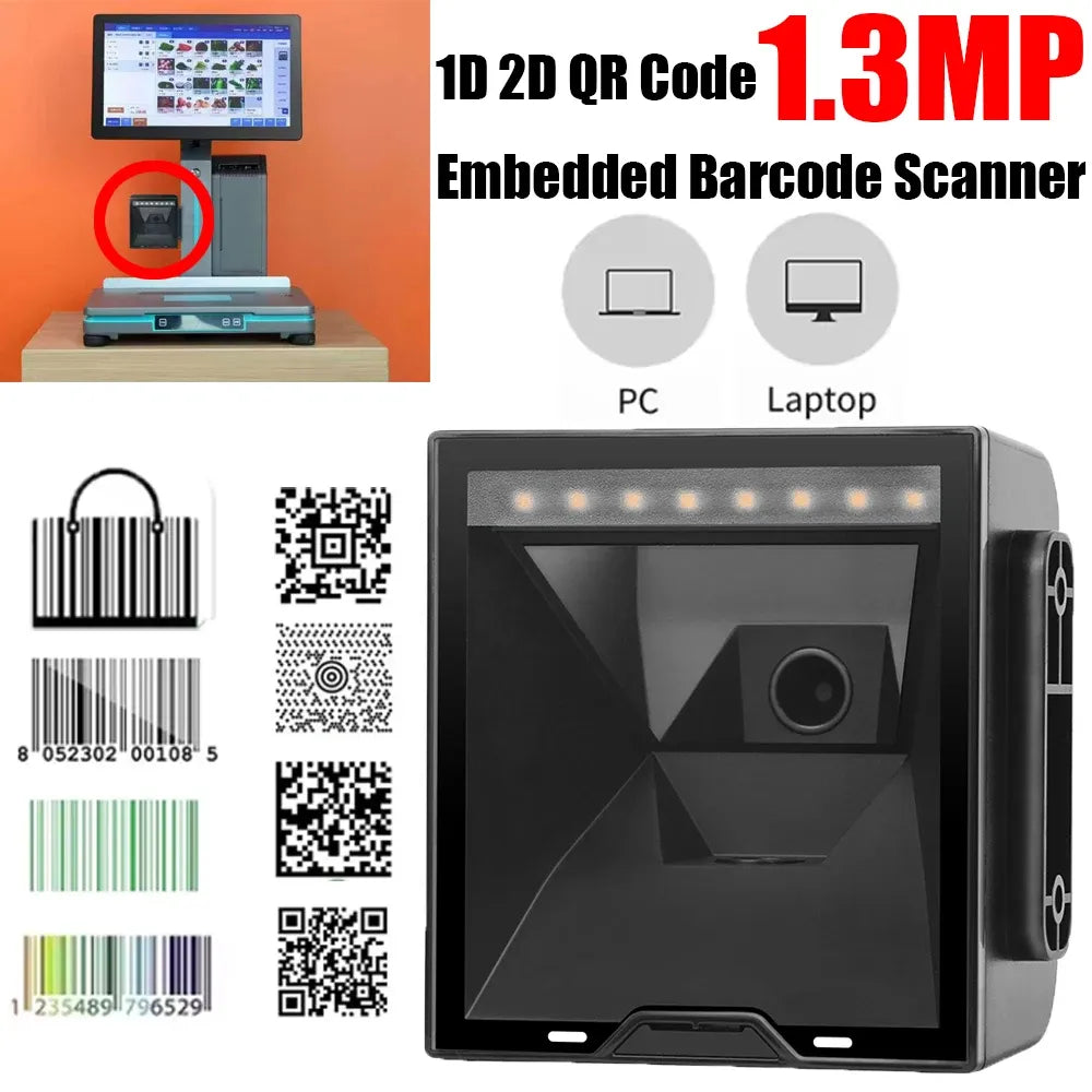 Embedded 1D/2D QR barcode scanner with 1.3MP camera window and indicator lights