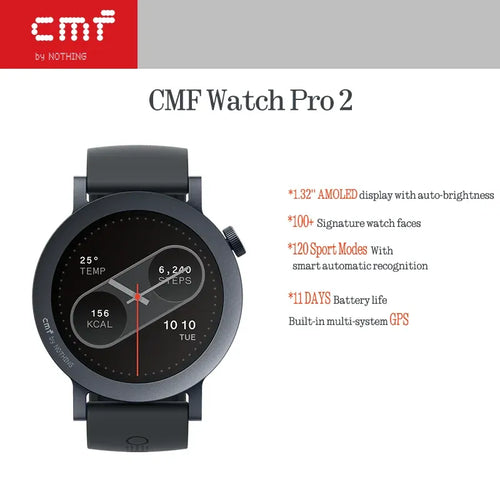 CMF Watch Pro 2 smartwatch with AMOLED display and advanced smart sleep tracker features, front view on white background.