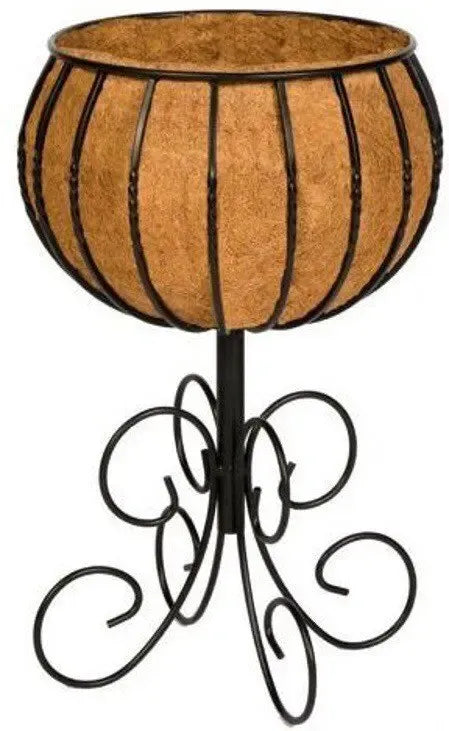 Brown coconut coir circular mat on a black metal stand with decorative curls