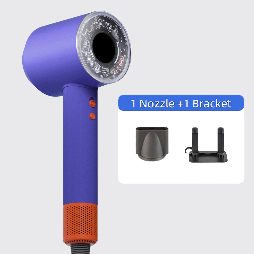 Purple 1200W professional ionic hair dryer with concentrator nozzle and wall bracket for fast, quiet drying.