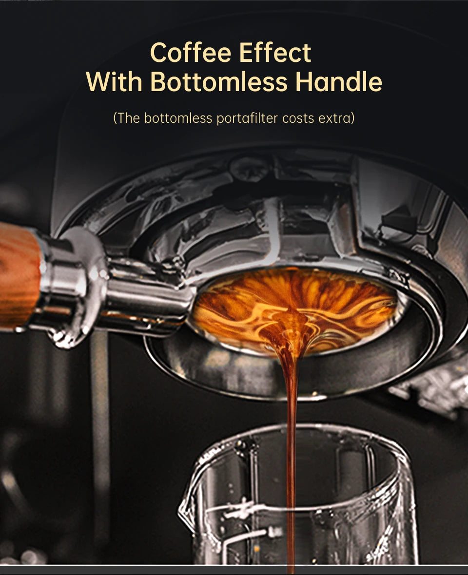 Espresso extracting through a chrome bottomless portafilter with a wood handle into a glass cup.
