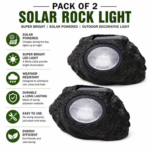 Two black solar rock LED lights with round clear lenses, outdoor landscape decor