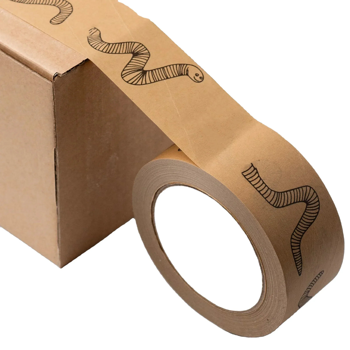Kraft paper tape with black line pattern applied along a cardboard box seam