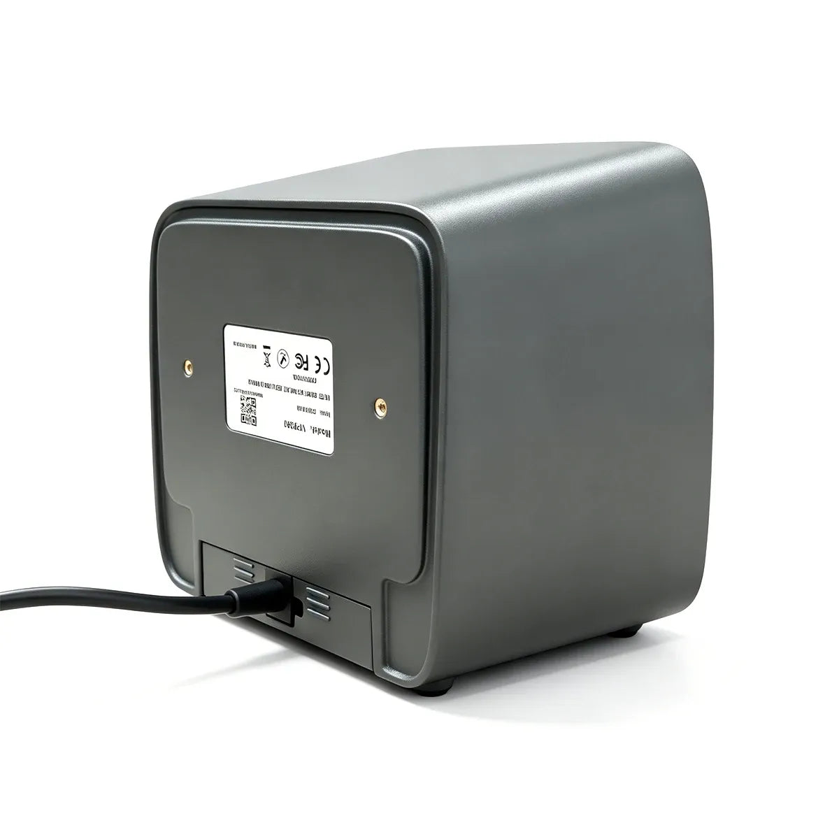 Desktop barcode scanner side/back view with ports and power connector
