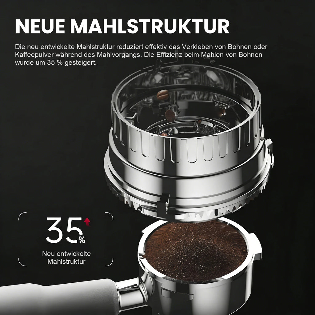Stainless steel coffee grinder burr and portafilter with coffee grounds for improved 35% grinding efficiency.