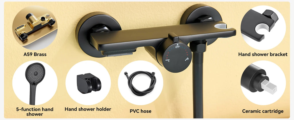Bathtub Shower Faucet, Wall-mounted Bathtub Mixer Taps with 5-Mode Hand Shower, Hose and Wall Bracket, Black, Brass Body