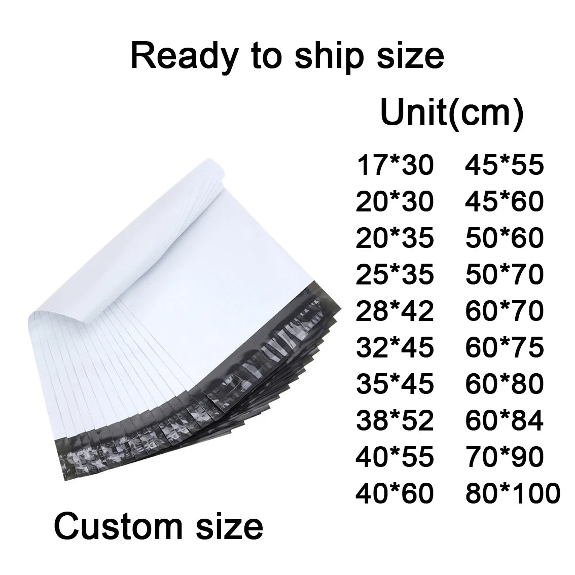White poly mailer bags stack with black striped section; shows ready-to-ship and custom size chart.