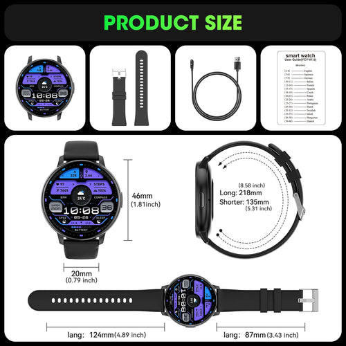 Black smartwatch with display and band, shown with strap and cable size views