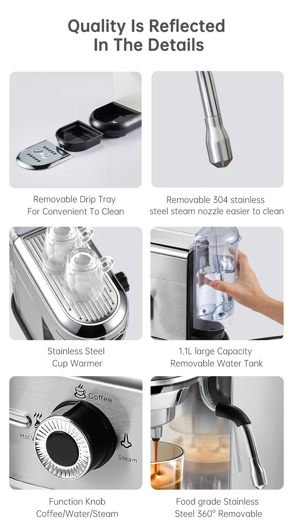 Stainless steel espresso machine features: 1.1L water tank, cup warmer, steam wand, and removable drip tray.