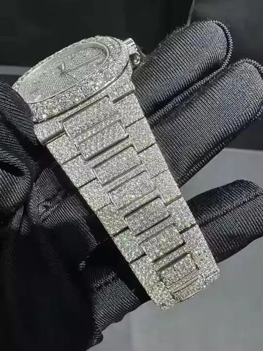 Classic Luxury Fashion Automatic Mechanical ETA Stainless Steel Analog Watch Full Moissanite Diamond Iced Design Simple Elegant