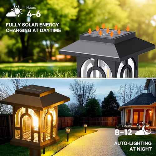 Solar pathway lantern light with black housing and clear arched glass panels on stake