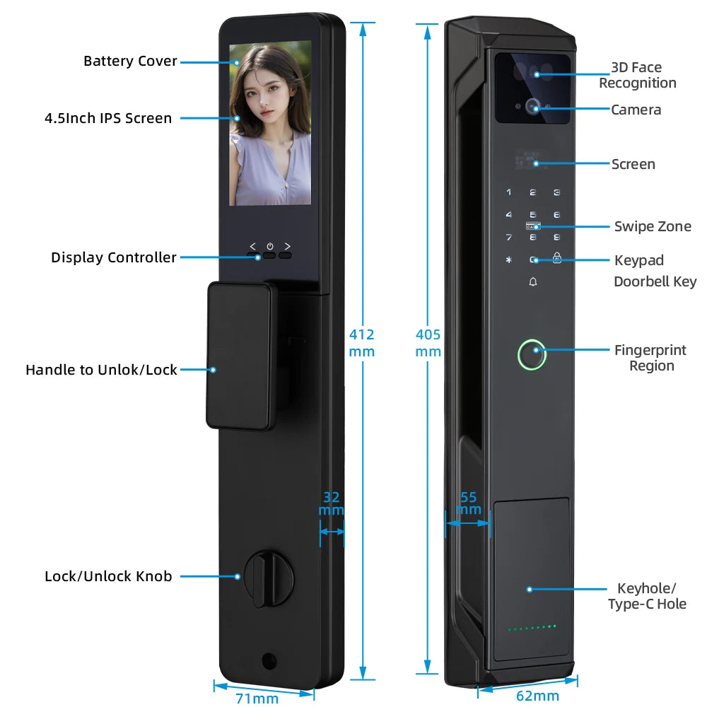 RAYKUBE P8 Tuya WiFi Camera Palm Vein Smart Lock Face Recognition Digital Fingerprint Lock With Video Call 21-language Voice