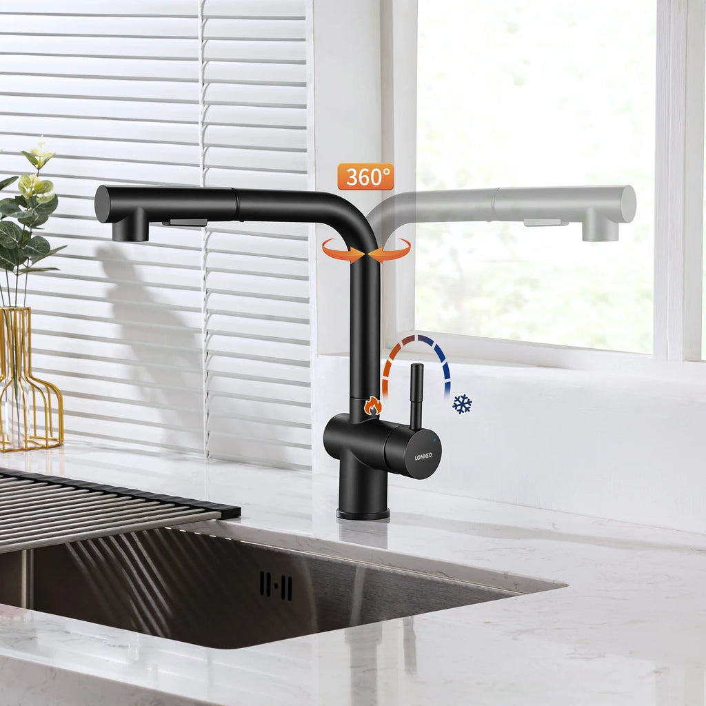 Kitchen Tap Black, L-Shape Pull Down Kitchen Faucet 360 Swivel, 3 Modes Spray Hot Cold Water Mixer, 304 Stainless Steel Sink Mixer, Neoperl PEX Hose, Standard G3/8 Modern Home Laundry Deck Mounted Matte Black Tap