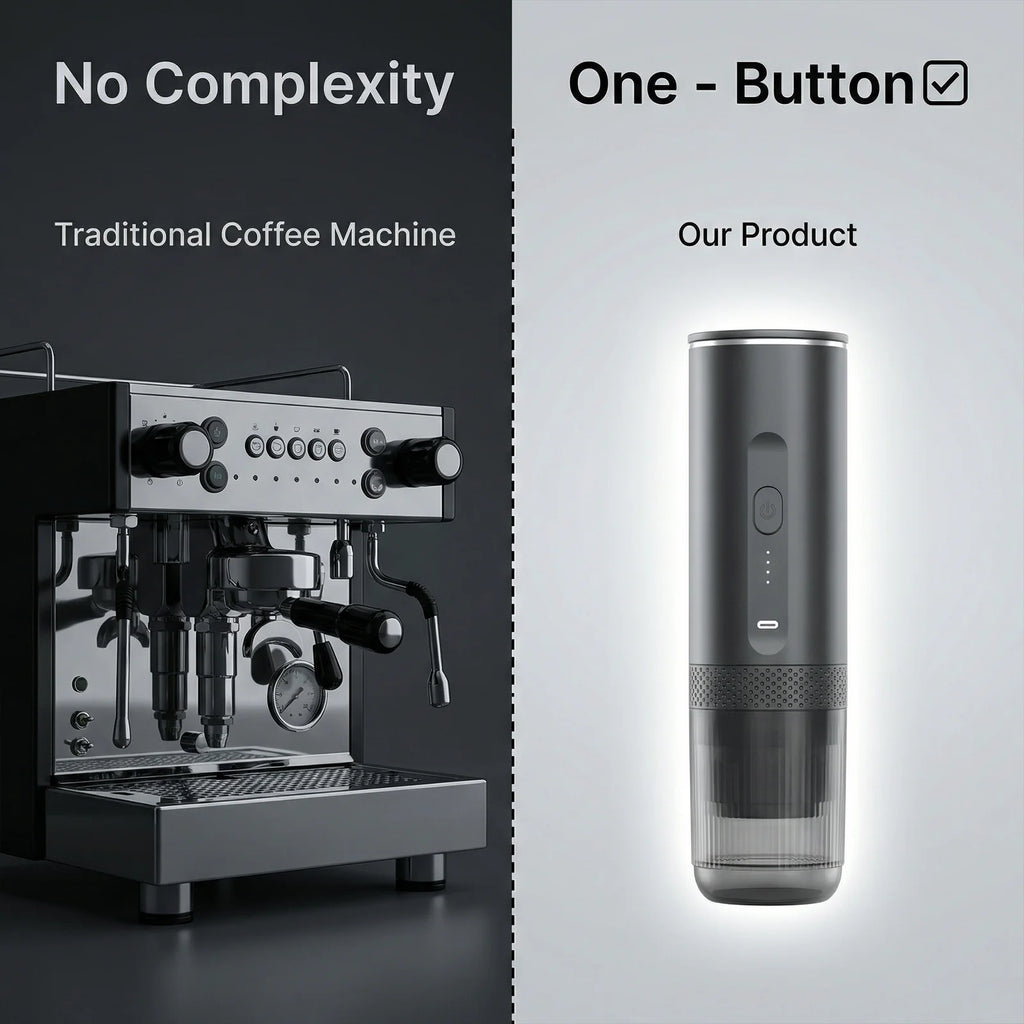 Portable one-button coffee maker in matte gray, compact vertical design compared to a traditional espresso machine.