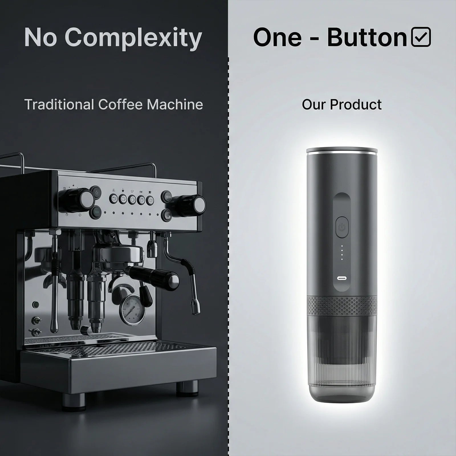 Comparison of a complex traditional espresso machine versus a portable, one-button grey electric coffee maker.