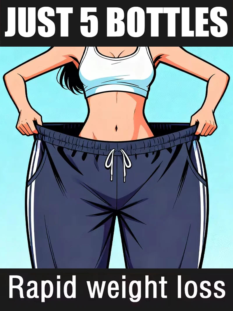 Cartoon illustration of a person wearing oversized navy athletic pants, representing weight loss results.