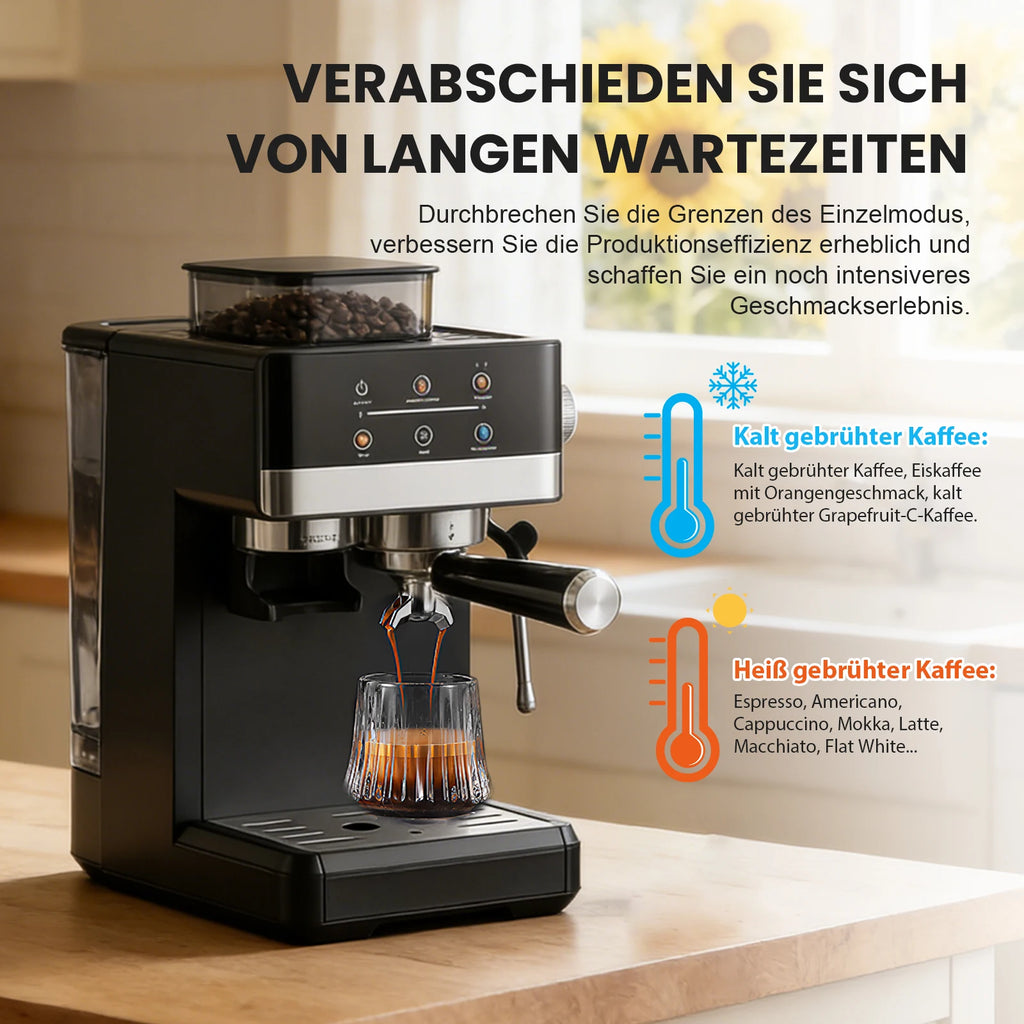 Black espresso machine with bean hopper, steaming wand, and glass cup, brewing hot and cold coffee on a kitchen counter.