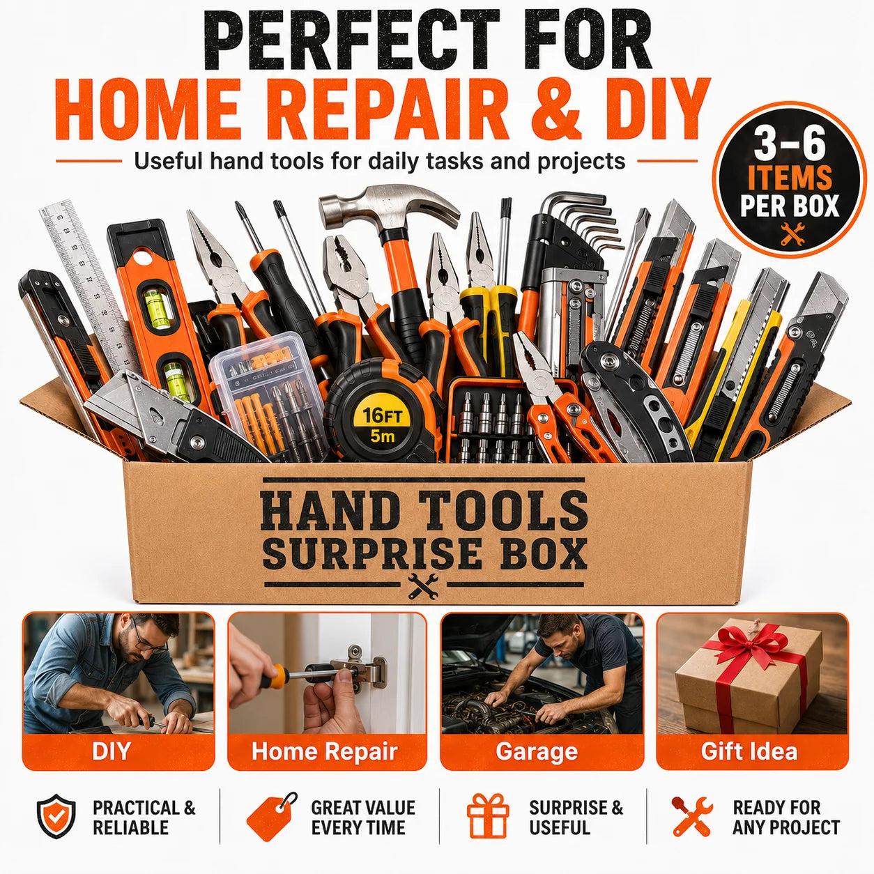 Hand Tools Surprise Box, 3–6 Random DIY Tools Set, Home Repair & Utility Tool Kit Bundle