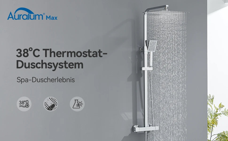 Auralum Thermostatic Shower Column, 38°C Thermostatic Mixer, Stainless Steel Shower System, Brass Faucet,12 inch, Chrome