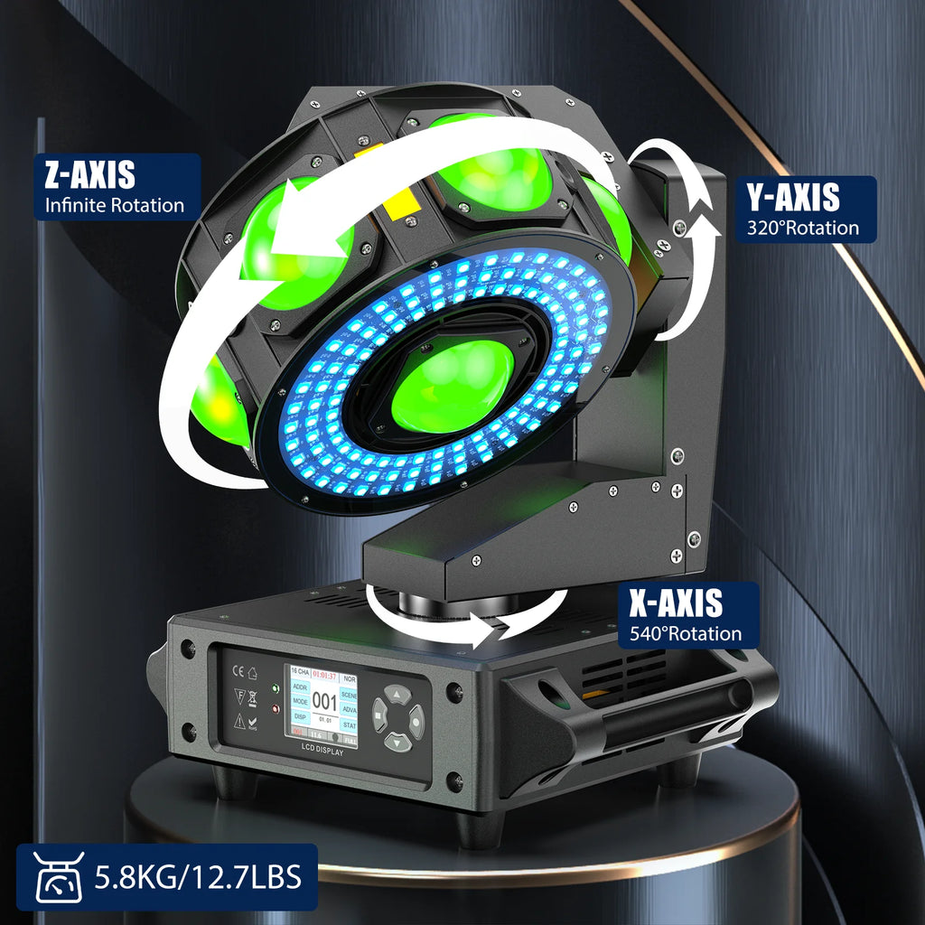 Fieryzeal 160W RGBW Beam Moving Head Light 3-Axis LED Stage Light 360 Rotation DMX Strobe Effect for DJ Disco Wedding Party