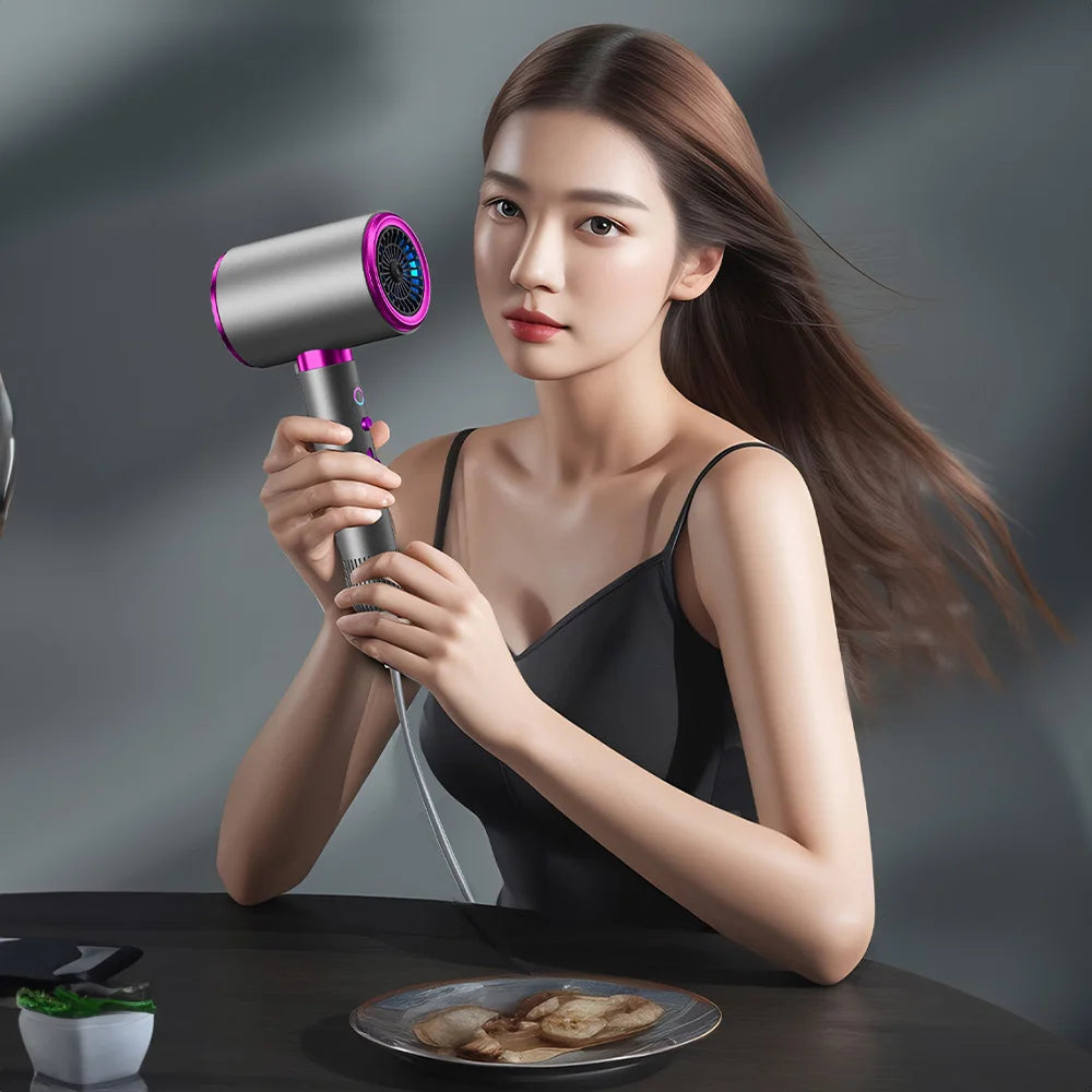 Woman using a professional 2400W high-speed negative ion hair dryer in silver and pink for quick, smooth styling.
