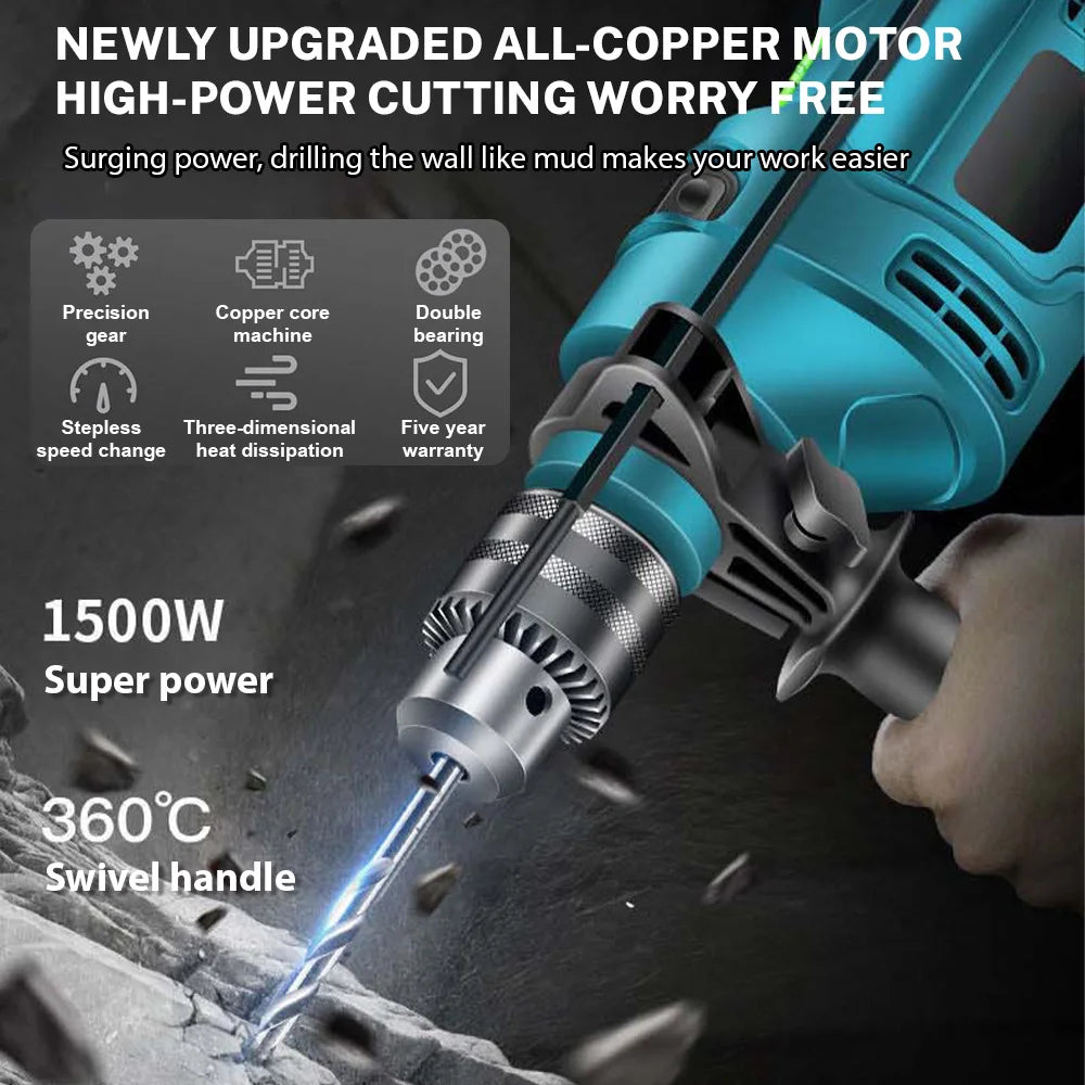 Blue Gun Type Electric Hammer Drill 1500W Load Power 710W Rated Power Variable Speed 1.5-13mm Chuck Multi-function Drilling Polishing Cutting Power Tool