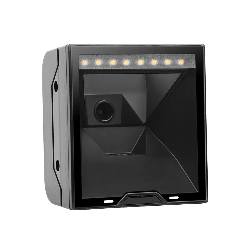 Embedded 1D/2D QR barcode scanner front view with camera lens and LED strip