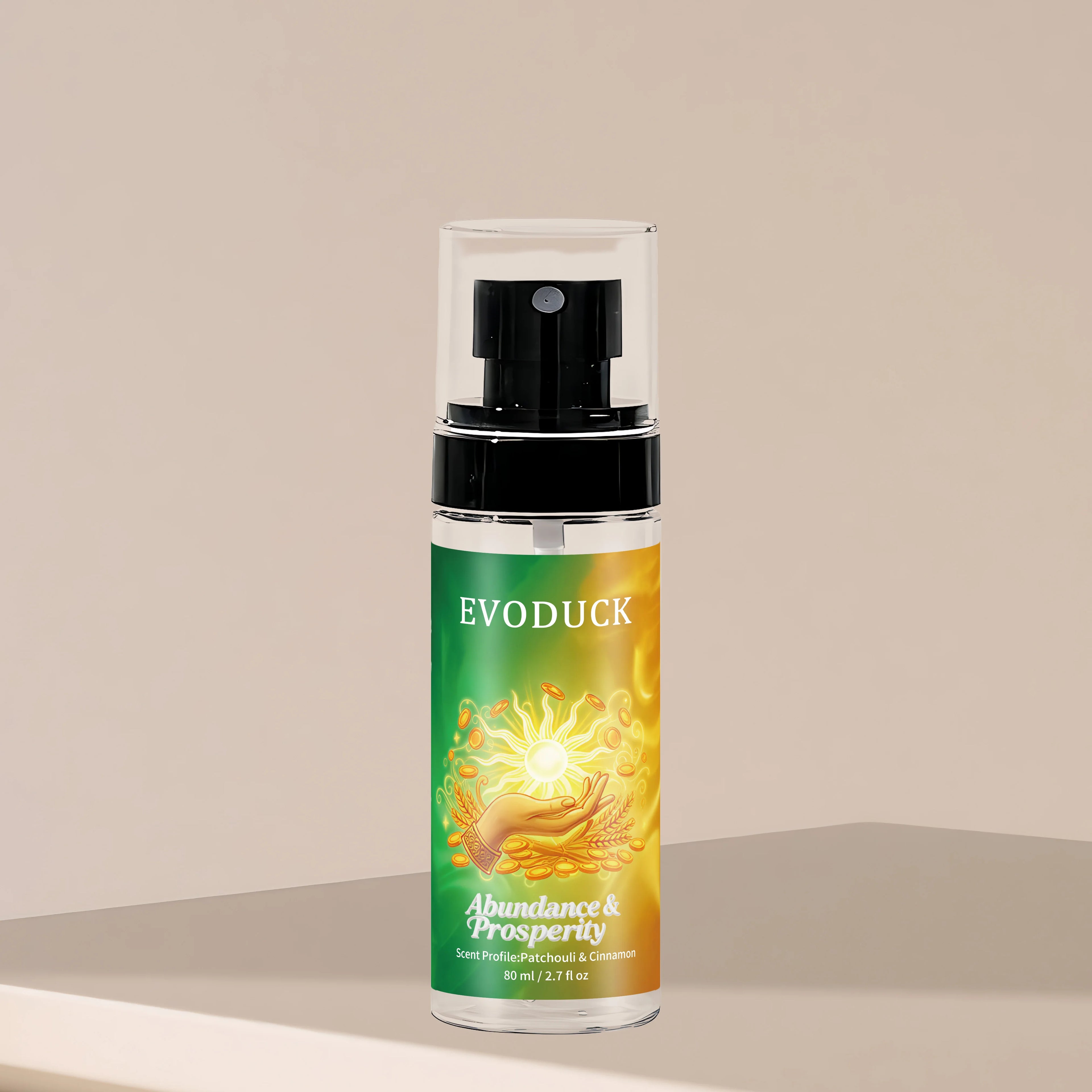 Evoduck Abundance & Prosperity body spray for women, 2.7 oz travel-size mist with patchouli and cinnamon fragrance.