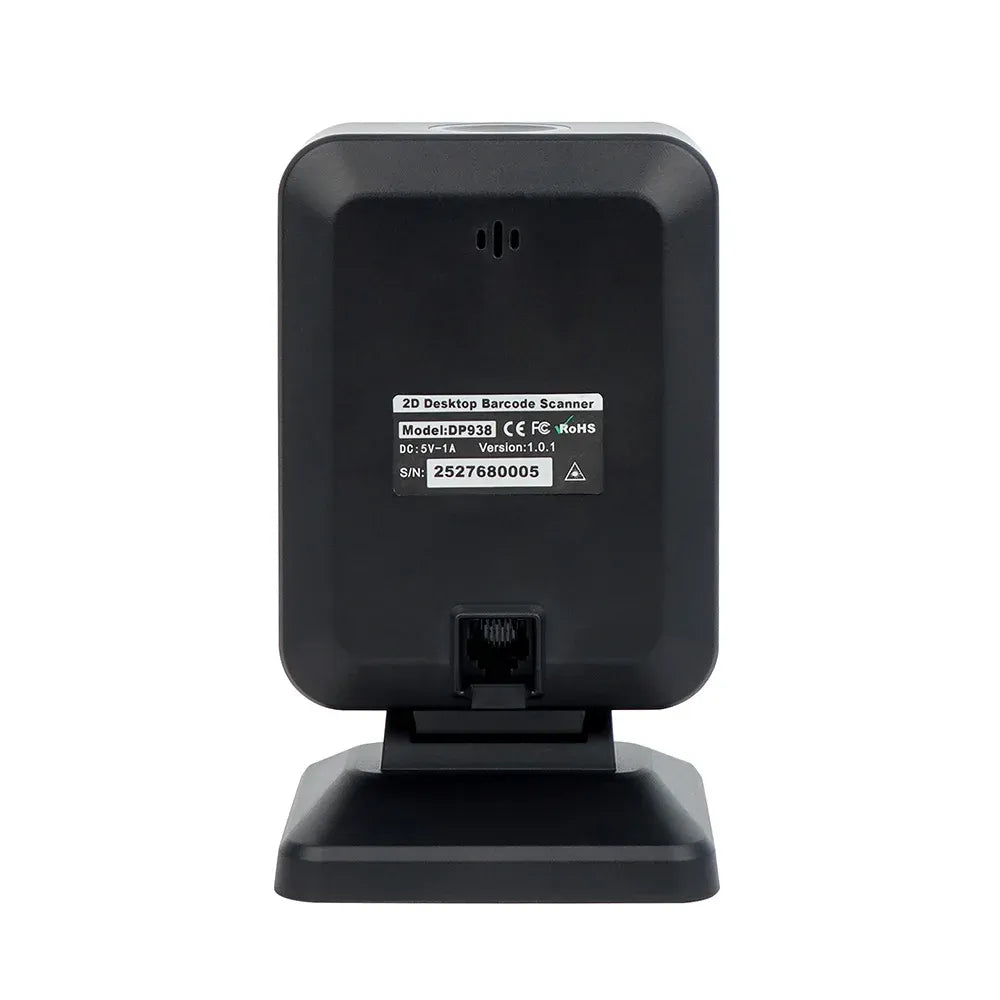 Desktop barcode scanner rear panel with model label and RJ45 port, black